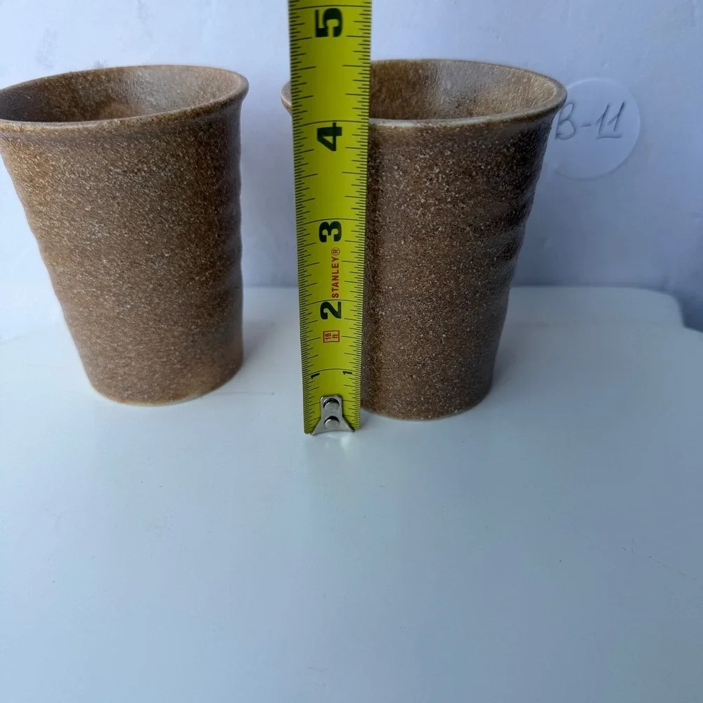 Set of 2 Artisan Stoneware Tumblers Rustic Brown Textured Cups B-11